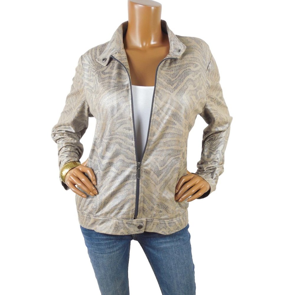 CHICO'S Top L Sz 2 Tan Animal Print Moto Jacket Zip Up Front Soft Distressed - Picture 1 of 11